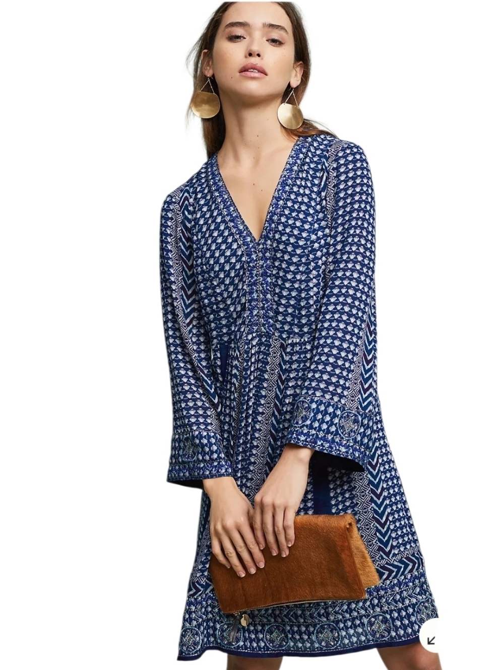 Anthropologie Akemi + Kim Blue Printed V-Neck Long Sleeve Batik Dress, Large